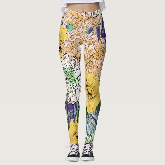 Leggings Illustration florale à la mode jaune et verte (Devant)