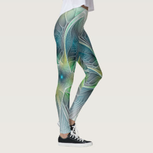 Leggings Imaginaire fleuri Moderne Bleu Vert Fractal Fleur