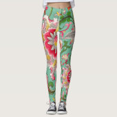 Leggings Imaginaire Floral Oriental Chinoiserie sur Vert (Devant)