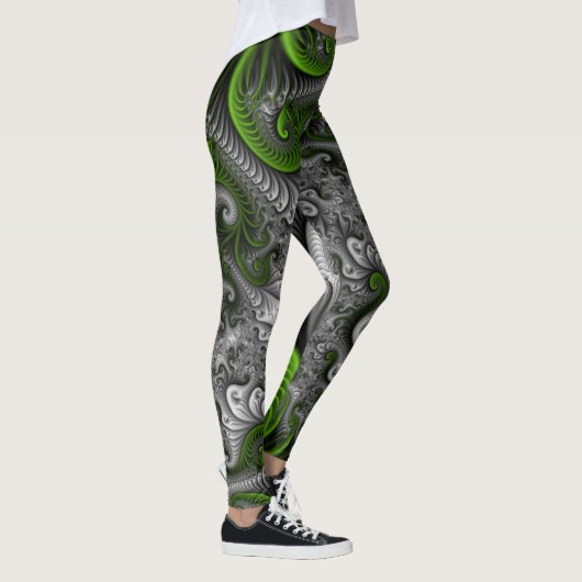 Leggings Imaginaire Monde Vert Et Gris Art Fractal Abstrait (Droite)