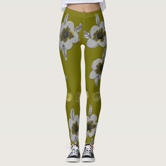 Leggings Impression à fleurs d'olive (Devant)