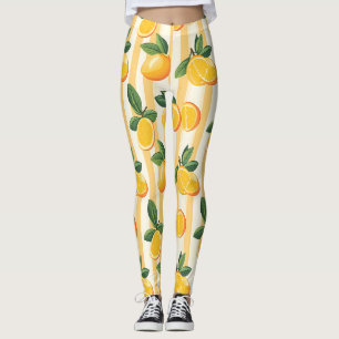 Leggings Impression botanique de citron jaune sur rayures c