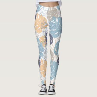 Leggings Impression de feuilles de monstera bleues et jaune
