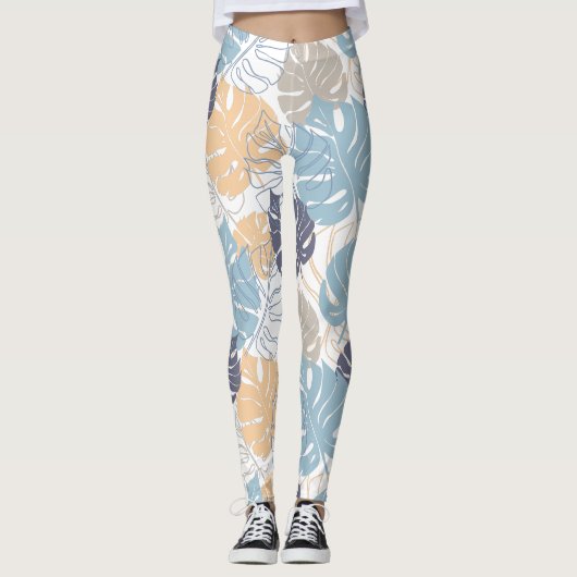 Leggings Impression de feuilles de monstera bleues et jaune (Devant)
