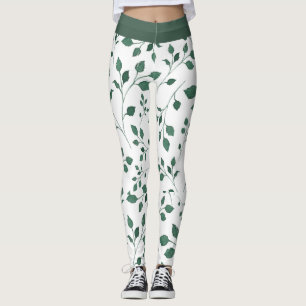 Leggings Impression de motif de feuille verte et blanche él
