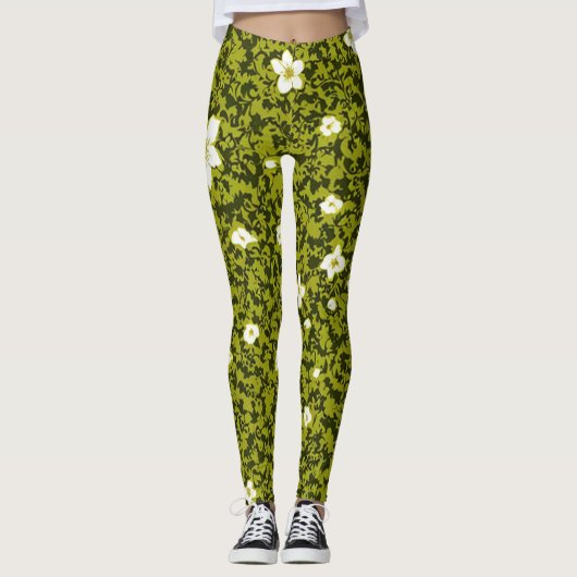 Leggings Impression d'olive avec design de fleurs blanches, (Devant)