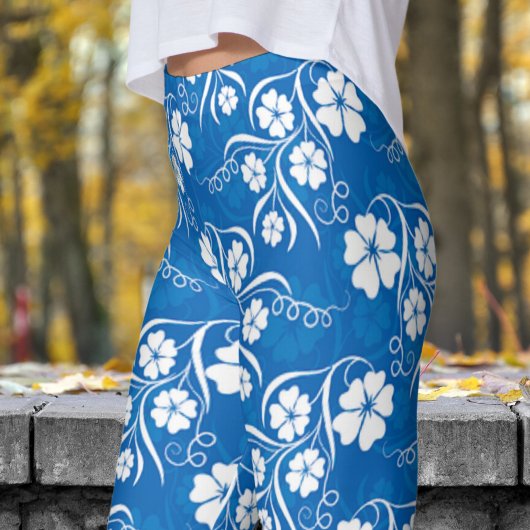 Leggings Impression florale classique blanche et bleue