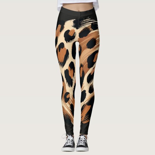 Leggings Impression léopard animal peinture noire marron cr (Devant)