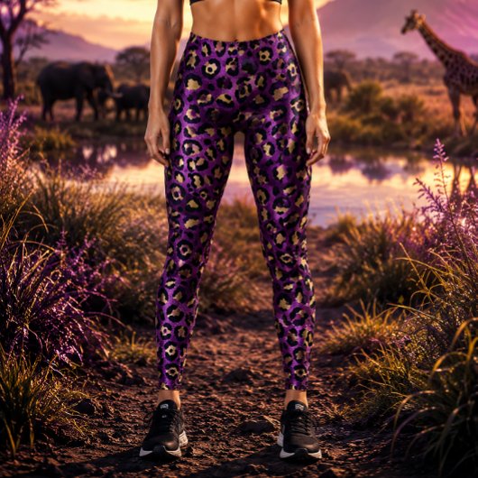 Leggings Impression léopard violet et or