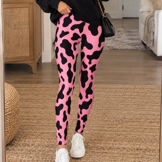 Leggings Impression vache noir rose