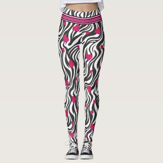 Leggings Impression Zebra avec coeur étincelant rose chaud (Devant)