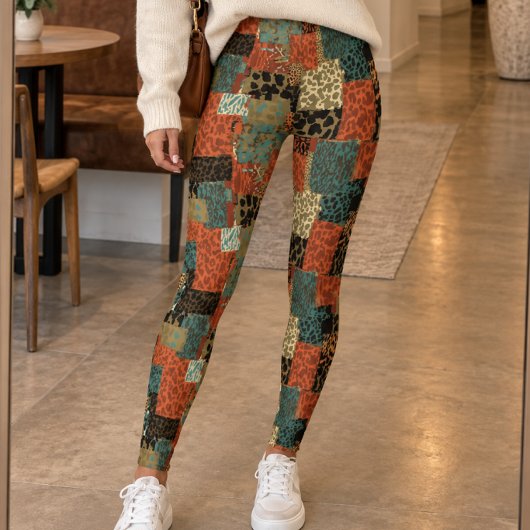 Leggings Imprimé Animal Patchwork Rétro