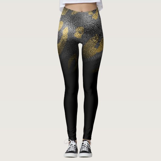 Leggings Imprimé léopard faux guépard or faux brillant noir (Devant)
