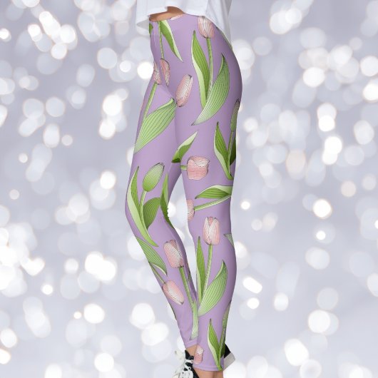 Leggings Imprimé Tulipe Rose Moderne Violet Clair