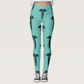 Leggings Infirmière Médicale Caduceus Motif Turquoise Noir (Devant)