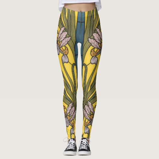 Leggings Iris Fleur Art Nouveau Vitrail Bleu Or (Devant)