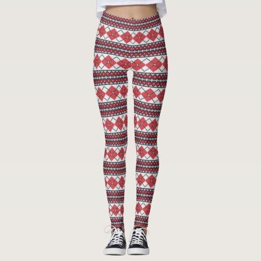 Leggings Jacquard de l'île nordique rouge et blanc (Devant)