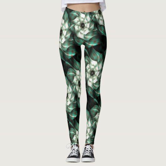 Leggings Jade foncé Vert et blanc Fleur fractale Abstraite (Devant)