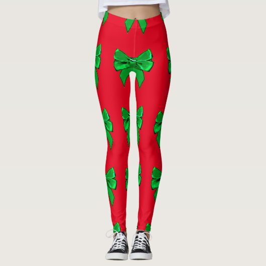 Leggings Jalons de Noël amusants de la Bow rouge et verte (Devant)