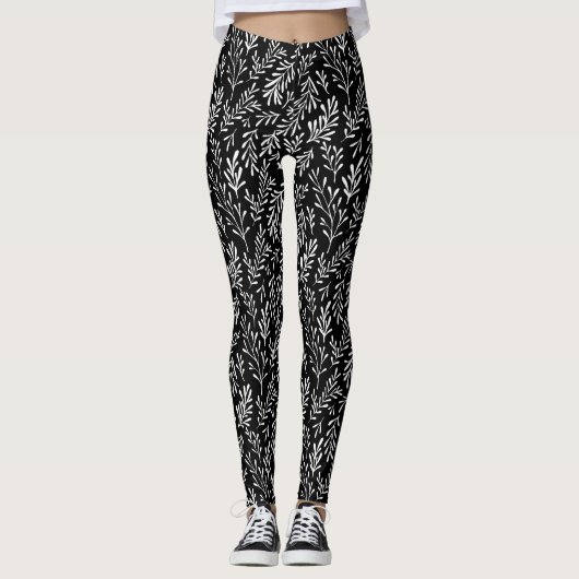 Leggings Jambes de femmes feuille blanche noire (Devant)