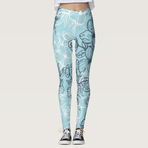Leggings jambières bleues à ornement floral noir et blanc
