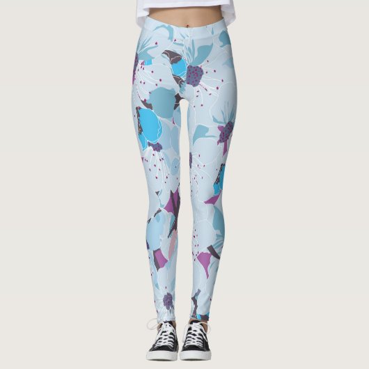 Leggings jambières de sakura fleurie de cerisier bleu (Devant)