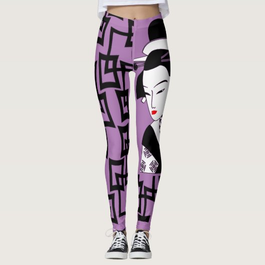 Leggings japonaise geisha fille noir blanc violet graphique (Devant)