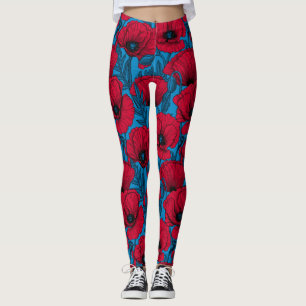 Leggings Jardin de pavot rouge sur bleu