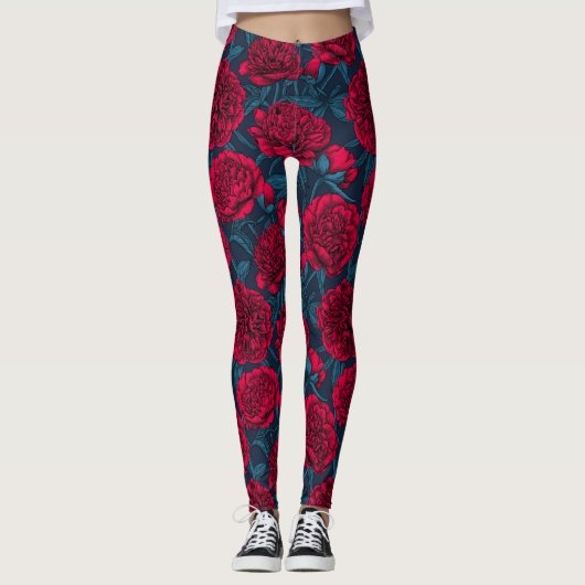 Leggings Jardin de pivoine rouge sur bleu foncé (Devant)