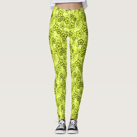 Leggings Jaune avec motif floral néon brillant noir (Devant)