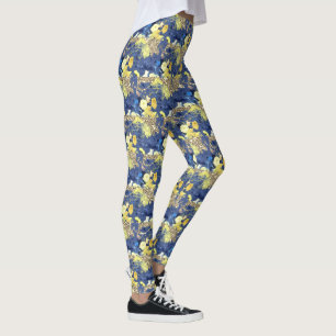 Leggings Jaune Bleu Floral Or Paillettes Vintage Féminin Mi