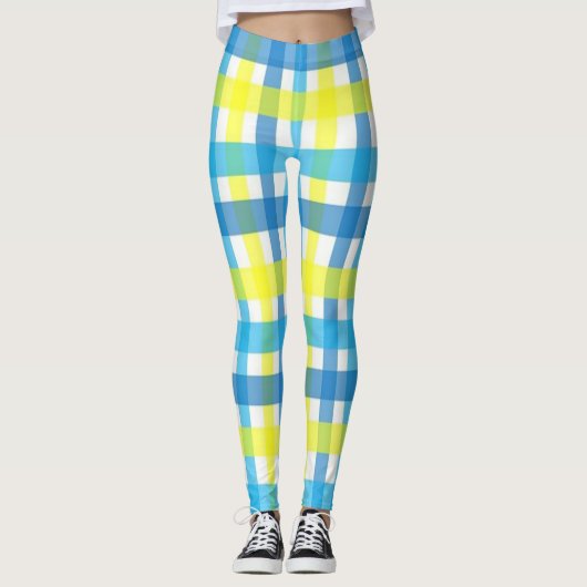 Leggings Jaune Plaid Bleu & Légendes Blanches (Devant)
