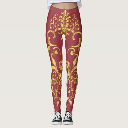 Leggings Jester Rouge avec motif de Damas or Athlétisme (Devant)
