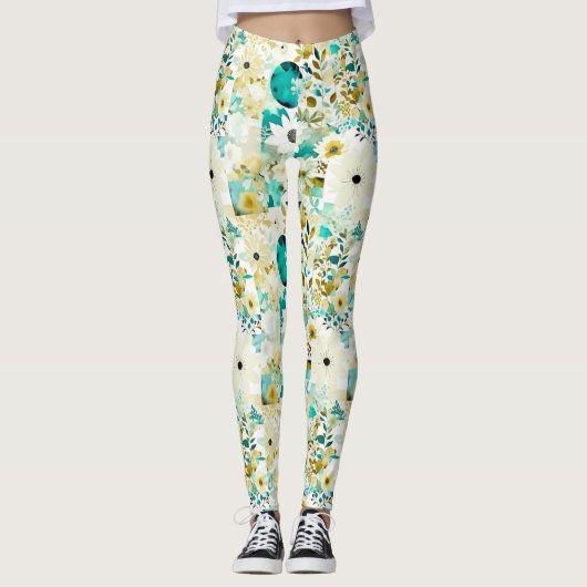 Leggings Joli Art folklorique Fleurs blanches et turquoise (Devant)