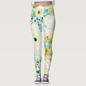 Leggings Joli Art folklorique Fleurs blanches et turquoise (Devant)