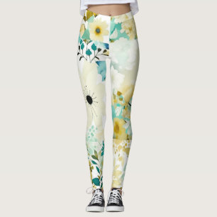 Leggings Joli Art folklorique Fleurs blanches et turquoise