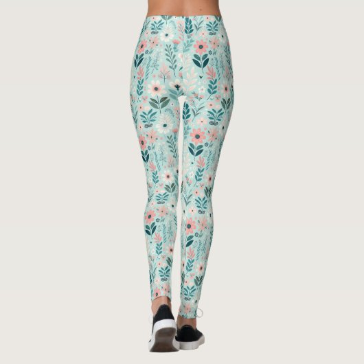 Leggings Joli bleu et rose pastel Fleurs d'Art folklorique (Dos)