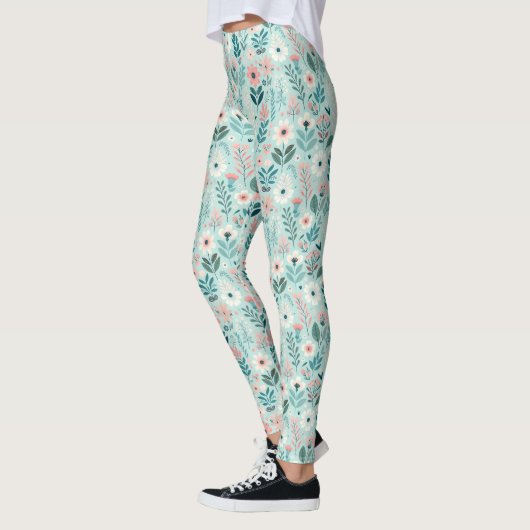 Leggings Joli bleu et rose pastel Fleurs d'Art folklorique (Gauche)