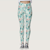 Leggings Joli bleu et rose pastel Fleurs d'Art folklorique (Devant)