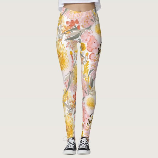 Leggings Joli motif floral rose et jaune (Devant)