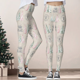 Leggings Joli Vintage Burlap Timbre Noël Arbre Motif