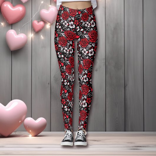 Leggings Jolie, Rouge, Roses noires et blanches, Coeurs