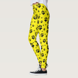 Leggings Jolies Empreintes de Patte Noires sur Fond Jaune C