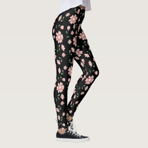 Leggings Jolies Fleurs Roses Sur Noir