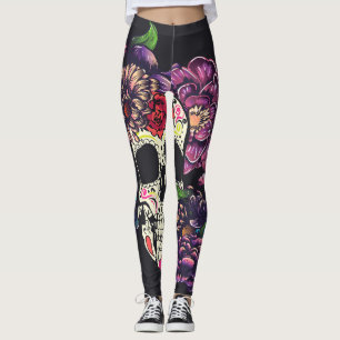 Leggings Jour du crâne mort avec des fleurs