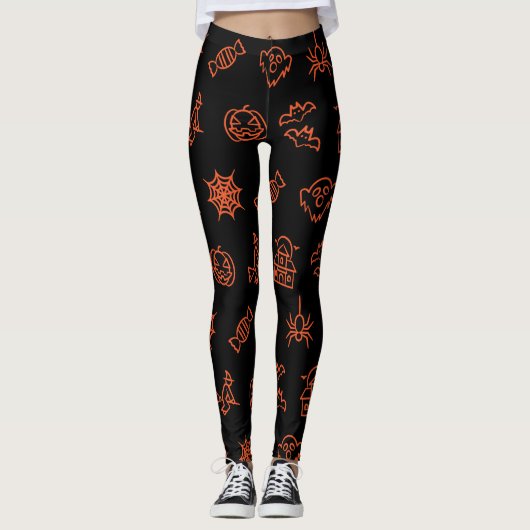 Leggings Joyeux motif d'Halloween déplaisant - Noir et oran (Devant)