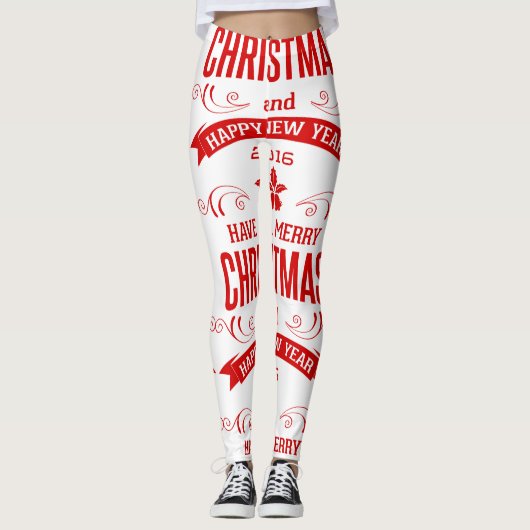 Leggings Joyeux Noël Joyeux Nouvel An Blanc & Rouge (Devant)