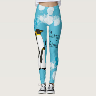 Leggings joyeux noël, noël,manchot,fleurs,bleu,