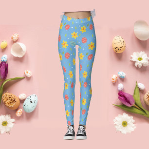 Leggings Joyeux Oeufs De Lapin De Pâques Floral Bleu