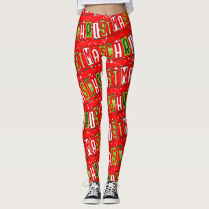 Leggings Joyeux texte de Noël étoilé rouge vert blanc